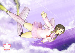  aircraft aircraft_carrier airplane brown_hair cherry_blossoms cloud day dead_people emblem female flying full_body glasses glider hachimaki headband horizon long_hair long_sleeves looking_at_viewer mecha_musume military military_vehicle neckerchief ocean ohka_(weapon)_(personification) open_mouth original personification pink_sailor_collar pink_serafuku pink_shirt pink_skirt pleated_skirt red_eyes red_neckerchief rocket sailor_collar sakuramon school_uniform serafuku ship shirt skirt solo warship watercraft world_war_ii 