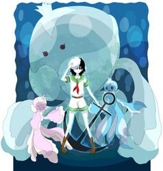  anchor arm_up black_hair commentary_request crossover evolutionary_line female frillish frillish_(female) frillish_(male) full_body hat jellicent jellicent_(male) looking_at_viewer murasa_minamitsu neckerchief pants pokemon pokemon_(creature) sailor sailor_collar sailor_hat sexual_dimorphism shirt short_hair short_sleeves shorts smile standing touhou trait_connection white_shirt yuzuki_(rinka01) 