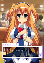  blush character_name closed_mouth commentary_request dialogue_box fake_screenshot female green_eyes highres holding indoors kazuta_(kazutan62) long_hair looking_at_viewer maid orange_hair original raised_eyebrows smell smile solo_focus split_mouth squid translated two_side_up very_long_hair 