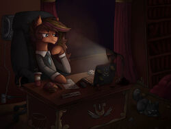  4:3 better_version_at_source computer desk domestic_cat duo earth_pony electronics equid equine felid feline felis feral food friendship_is_magic furniture hasbro horse ibsn international mammal my_little_pony necktie office phone pony sitting table the_boss 