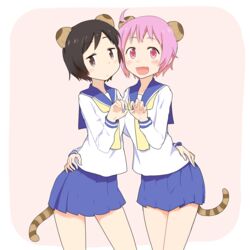  2girls animal_ears beige_background black_hair blue_sailor_collar blush brown_eyes cat_ears commentary_request hand_on_another&#039;s_hip hasegawa_fumi heart heart_hands heart_hands_duo highres long_sleeves multiple_girls neckerchief nonohara_yuzuko oerba_yun_fang open_mouth pink_eyes pink_hair pleated_skirt sailor_collar school_uniform serafuku shirt short_hair simple_background skirt tail uasi white_shirt yuyushiki yuyushiki&#039;s_school_uniform 