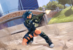  3d adaptive_combat_rifle all_points_bulletin angled_foregrip animal_ears assault_rifle blue_eyes blue_hair bridge bullet casing_ejection cat_ears commentary commission dutch_angle female firing grin gun highres kneehighs lasterk loose_socks muzzle_flash on_one_knee original panties photoshop_(medium) remington_arms rifle shell_casing shini_desu short_hair smile socks solo thigh_strap underwear weapon 