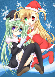  2girls :d black_santa_costume blonde_hair blue_eyes blush boots christmas commentary_request einhard_stratos gloves green_eyes green_hair hat heterochromia hug long_hair lyrical_nanoha mahou_shoujo_lyrical_nanoha_vivid multiple_girls open_mouth photoshop_(medium) purple_eyes raikkonen713 red_eyes santa_costume santa_hat sitting smile snowflakes thigh_boots thighhighs two_side_up vivio 