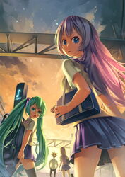  3girls bag cameo cloud commentary_request guitar_case hatsune_miku instrument_case kagamine_len kagamine_rin looking_back lvans megurine_luka multiple_girls musical_note school_bag school_uniform skirt star_(sky) sunrise takoluka vocaloid 