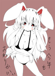  animal_ears bikini breasts cleavage commentary_request female large_breasts matsubara_ryuu monochrome original photoshop_(medium) rabbit_ears solo spot_color swimsuit twintails 