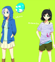  2girls alternate_costume bad_id bad_pixiv_id black_hair blue_eyes blue_hair casual contemporary green_eyes kumoi_ichirin multiple_girls murasa_minamitsu touhou yuzuki_(rinka01) 