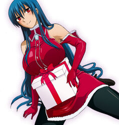  bare_shoulders black_pantyhose blue_hair boots breast_rest breasts christmas commentary_request diamond_cut_diamond elbow_gloves female gift gloves holding holding_gift large_breasts long_hair official_art pantyhose red_eyes red_gloves santa_costume shigyou_yuuyami smile solo taguchi_kenji_(omaep) 