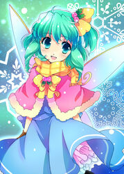  blue_eyes capelet chigo commentary_request daiyousei female green_hair petticoat scarf short_hair side_ponytail snowflakes solo touhou wings 