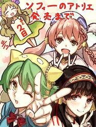  4girls :d ;o atelier_(series) atelier_ayesha atelier_escha_&amp;_logy atelier_shallie ayesha_altugle black_hair bow braid brown_eyes brown_hair choker closed_eyes commentary_request countdown double_v dress escha_malier green_dress green_eyes green_hair hairband hat highres long_hair multiple_girls one_eye_closed open_mouth pink_hair red_bow reimaco shallistera_(atelier) shallotte_elminus short_hair smile twintails v 