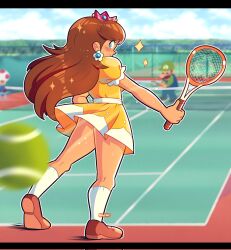  2boys artist_name ball blue_eyes blue_overalls brown_footwear brown_hair crown dress earrings female flower_earrings full_body green_hat green_shirt hair_flowing_over hat highres holding_tennis_racket jewelry long_hair looking_back luigi manysart1 mario_(series) mario_tennis mario_tennis_(nintendo_64) multiple_boys orange_dress outdoors overalls princess princess_daisy puffy_short_sleeves puffy_sleeves racket shirt short_dress short_sleeves socks sparkle sweat sweatdrop tennis_ball tennis_court tennis_net tennis_racket toad_(mario) white_socks 