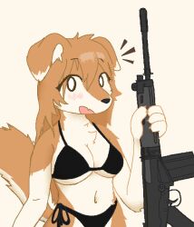  2024 4_fingers 4chan_anon aliasing anthro assault_rifle bar_emanata big_breasts bikini binary_drawing black_bikini black_clothing black_nose black_swimwear blush blush_lines breasts canid canine canis chest_tuft clothed clothing countershade_arms countershade_face countershade_fur countershade_tail countershade_torso countershading digital_drawing_(artwork) digital_media_(artwork) dipstick_ears domestic_dog ear_markings emanata eye_through_hair eyebrow_through_hair eyebrows eyelashes female fingers flesh_fang floppy_ears fn_fal fur gun hair half-length_portrait holding_gun holding_object holding_ranged_weapon holding_rifle holding_weapon long_hair looking_at_viewer mammal midriff multicolored_body multicolored_ears multicolored_fur navel open_mouth orange_body orange_fur orange_hair portrait ranged_weapon rifle shaded simple_background snout soft_shading solo standing swimwear tail tan_background tan_body tan_countershading tan_fur three-quarter_view translucent translucent_hair tuft two-piece_swimsuit two_tone_body two_tone_fur weapon 