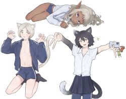  androgynous animal_ears bare_pectorals black_hair blonde_hair buruma cat_boy cat_ears cat_girl cat_tail dark-skinned_male dark_elf dark_skin double_v dungeon_meshi elf female grey_hair gym_shorts highres holding holding_phone izutsumi jacket kemonomimi_mode long_hair long_sleeves looking_at_viewer lying mchi125 multiple_views navel on_side open_clothes open_jacket otoko_no_ko paw_pose pectorals phone pointy_ears purple_eyes school_uniform shirt short_bangs short_hair short_sleeves shorts simple_background skirt smile socks sweatdrop tail thistle_(dungeon_meshi) v wavy_hair white_background yaad_(dungeon_meshi) yellow_eyes 