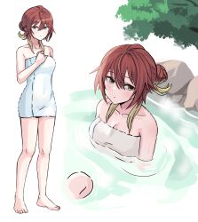  aketa_mikoto bare_legs barefoot blonde_hair breasts brown_hair cleavage collarbone female guamolip_inaho hair_bun highres idolmaster idolmaster_shiny_colors medium_breasts multicolored_hair multiple_views naked_towel onsen partially_submerged refraction single_side_bun toes towel two-tone_hair 