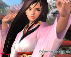  3d black_hair copyright_name dead_or_alive dead_or_alive_4 female grey_eyes japanese_clothes kimono kokoro_(doa) lipstick long_hair makeup official_art official_wallpaper solo 