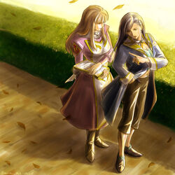  2girls autumn_leaves black_hair boots breasts brown_footwear brown_hair brown_pants capri_pants cleavage clothing_cutout crop_top dress emblem eugene gem green_eyes green_gemstone hand_in_pocket hedge holding holding_paper index_finger_raised jewelry juliet_sleeves letter long_sleeves medium_breasts meister_otome_uniform midriff mixed_media multiple_girls my-otome natsuki_kruger navel navel_cutout outdoors pants paper parted_lips pink_dress pointing puffy_long_sleeves puffy_sleeves red_eyes ring shizuru_viola shoes sidelocks standing stomach 