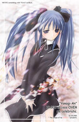  2001 artist_request black_bow black_dress blue_eyes blue_hair bow cherry_blossoms closed_mouth dated dress female flat_chest hairbow juliet_sleeves legs_apart long_hair long_sleeves milestone_celebration multiple_hair_bows neck_ribbon puffy_sleeves ribbon sakura_(ukagaka) sidelocks solo standing twintails ukagaka v_arms white_ribbon 