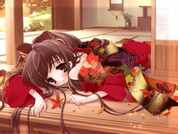  2003 autumn bare_shoulders blush bow brown_eyes brown_hair closed_mouth duplicate english_text expressionless female floral_print garden hair_in_own_mouth hairbow indoors interior ito_noizi japanese_clothes kimono komorebi_ni_yureru_tamashii_no_koe leaf long_hair long_sleeves looking_at_viewer lying maple_leaf obi off_shoulder ponytail porch red_kimono ribbon sash sliding_doors solo sui_(komorebi) tatami very_long_hair yukata 