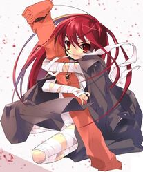  alastor_(shakugan_no_shana) bandages exif_thumbnail_surprise female hugging_object ito_noizi jacket jacket_on_shoulders jewelry kneeling long_coat long_hair looking_at_viewer mouth_hold naked_bandage necklace pendant red_eyes red_hair shakugan_no_shana shana solo weapon_bag 