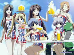  6+girls alcohol artist_request beer brand_name_imitation budweiser dress drinking english_text engrish_text everyone froth gokajou_satsuki happy_lesson ichimonji_mutsuki multiple_girls ninomai_kisaragi print_dress ranguage sanzen&#039;in_yayoi shitenno_uzuki sitting smile yazakura_hazuki 