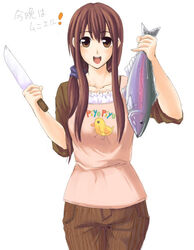  animal bad_id blue_scrunchie brown_eyes brown_hair female fish hair_ornament hair_scrunchie holding holding_animal holding_fish holding_knife knife long_hair looking_at_viewer open_mouth original scrunchie simple_background solo translated trout unasaka_ryou white_background 