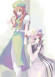  2girls arm_behind_head blue_eyes book bow braid china_dress chinese_clothes closed_eyes crescent crescent_hat_ornament dress hairbow hat hat_ornament hong_meiling long_hair multiple_girls night_clothes patchouli_knowledge purple_hair reading red_hair rubbing_neck sitting star_(symbol) star_hat_ornament takanashi_akihito touhou twin_braids 