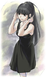  :d adjusting_hair black_dress black_eyes black_hair blush dress female kubo_shiori long_hair maria-sama_ga_miteru open_mouth pinky_out ponytail sleeveless smile solo standing sundress very_long_hair you2 