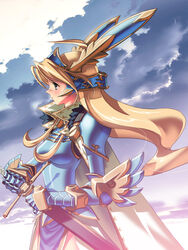  armor blonde_hair blue_armor blue_eyes breastplate breasts cape cloud cloudy_sky cowboy_shot expressionless fantasy faulds female from_side full_armor fur-trimmed_cape fur_trim gabriela_riviera_sunna gauntlets hagane_no_shiro_usagi helmet highres holding holding_sword holding_weapon itou_ben long_bangs long_hair looking_away medium_breasts pauldrons pelvic_curtain shadow shoulder_armor sky solo sword vambraces weapon white_cape winged_helmet 