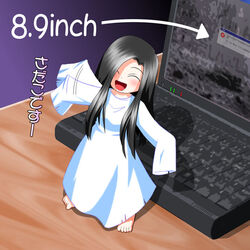  :d ^_^ afterimage arrow_(symbol) barefoot black_hair character_name closed_eyes computer desk dress error_message female hair_intakes hair_over_one_eye happy k2000 laptop long_hair long_sleeves mini_person minigirl netbook open_mouth sleeves_past_fingers sleeves_past_wrists smile solo standing the_ring translated waving waving_arms white_dress yamamura_sadako 