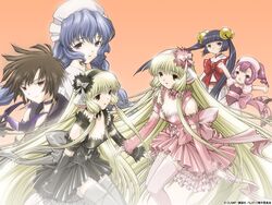  6+girls android black_dress black_hair blonde_hair blue_hair brown_hair chii chobits detached_sleeves dita dress everyone freya_(chobits) gothic_lolita grey_legwear hairband kimura_masahiro kotoko_(chobits) lolita_fashion long_hair long_sleeves multiple_girls official_art orange_background pink_dress pink_hair pink_legwear robot_ears short_hair siblings sisters sumomo_(chobits) thighhighs twins very_long_hair watermark yuzuki_(chobits) zettai_ryouiki 