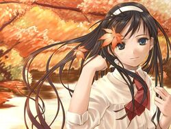  black_hair blue_eyes female hairband leaf long_hair long_sleeves smile solo tohno_akiha tsukihime white_hairband zama_masaaki 