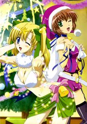  2girls arms_behind_head bell belt bent_over bikini black_thighhighs blonde_hair blue_eyes blush bow breasts brown_hair canvas_2 choker christmas christmas_lights christmas_tree cleavage crease facial_mark fur-trimmed_headwear fur_bra fur_collar fur_trim garter_belt green_eyes green_sarong hair_bobbles hair_ornament hair_ribbon hairbow happy hat highres housen_elis kikyou_kiri long_hair magazine_scan medium_breasts megami_magazine midriff multiple_girls nail_polish navel neck_bell nitta_yasunari non-web_source official_art one_eye_closed pink_nails pose purple_hat ribbon santa_hat sarong scan shiny_clothes short_hair short_shorts shorts smile standing star_(symbol) star_facial_mark strapless swimsuit thighhighs tube_top twintails white_fur wristband zettai_ryouiki 