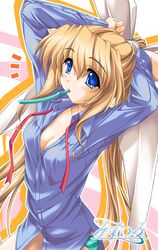  akino_takehiko breasts cleavage female long_sleeves medium_breasts mizuiro onosaki_kiyoka open_clothes open_shirt shirt solo toothbrush 