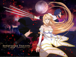  2girls archetype_earth arcueid_brunestud bare_shoulders between_fingers black_keys_(type-moon) blonde_hair blue_hair boots castle ciel_(tsukihime) cross detached_sleeves dress floating_hair full_moon holding long_hair moon multiple_girls multiple_swords ozawa_iku petals photoshop_(medium) red_eyes short_hair sidelocks strapless strapless_dress sword tsukihime very_long_hair weapon 