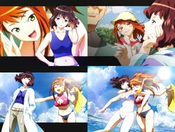  1boy 2girls anime_screenshot bare_shoulders belt bikini blue_tank_top blush breasts cigarette cleavage_cutout clothing_cutout covered_nipples crop_top day green_eyes hand_in_pocket khaki_pants lab_coat medium_breasts midriff multiple_girls my-hime navel orange_hair pants sagisawa_youko snorkel sparkling_eyes sugiura_midori swimsuit tank_top white_belt 