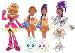  2girls artist_request bag boots brooch brown_eyes brown_hair choppy creature cure_bloom cure_egret dark-skinned_female dark_skin dual_persona earrings elbow_gloves flappy_(futari_wa_precure) futari_wa_precure_splash_star ganguro gloves hair_ornament hairclip handbag heart heart_brooch hyuuga_saki jewelry knee_boots long_sleeves magical_girl mishou_mai multiple_girls orange_hair pink_arm_warmers pink_footwear plaid plaid_skirt pleated_skirt precure purple_eyes purple_hair school_uniform short_hair skirt source_request third-party_edit very_short_hair white_background white_footwear yuunagi_middle_school_uniform 