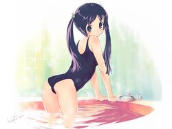  arm_support ass bath black_eyes black_hair female flower hair_flower hair_ornament kawata_hisashi long_hair looking_back mizuki_mana one-piece_swimsuit school_swimsuit solo swimsuit twintails water white_album white_album_(series) 