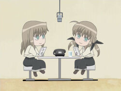  2girls anime_screenshot antique_phone black_skirt brown_hair chibi chibi_only closed_mouth drink futakoi green_eyes long_hair long_sleeves microphone multiple_girls phone recording_studio rotary_phone shirogane_sara shirogane_souju siblings sisters sitting skirt smile stool table twins 