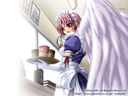  :d analog_clock angel angel_wings apron ascot blush book boots bow ceiling celica_sylphil clock cup_ramen desk dress elbow_gloves eushully-chan female food frills gloves hatozuki_tsumiki highres holding ikusa_megami ikusa_megami_(series) lights looking_back louie_marshrun maid maid_headdress meishoku_no_reiki official_art official_wallpaper open_mouth photo_(object) pink_hair plate profile purple_eyes ribbon ribbon-trimmed_gloves ribbon_trim short_hair smile solo standing typo waitress wall_clock watermark web_address white_gloves window wings 