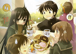  ! !! 2boys 2girls ^^^ alastor_(shakugan_no_shana) black_eyes black_hair black_jacket black_shirt blush bow bread brown_eyes brown_hair cafe churro coffee cup doughnut drink drinking_straw eating facing_away fast_food food from_behind gakuran gem glasses grey_bow hair_ornament hair_ribbon hairclip hands_up holding holding_cup ito_noizi jacket jewelry long_hair long_sleeves looking_at_another misaki_high_school_uniform mug multiple_boys multiple_girls open_mouth pendant print_cup purple_gemstone rectangular_eyewear red_eyes ribbon sakai_yuuji saucer school_uniform serafuku shakugan_no_shana shana shirt short_hair sitting sleeve_cuffs source_request spitting spoken_exclamation_mark spoon spray striped surprised sweat sweatdrop table teacup tears teaspoon upper_body very_long_hair white_ribbon yellow_eyes yoshida_kazumi 