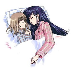  2girls artist_name artist_request blue_hair brown_hair chimaro closed_eyes collaboration collaboration_request fukuzawa_yumi hair_down long_hair long_sleeves lowres maria-sama_ga_miteru multiple_girls oekaki ogasawara_sachiko pajamas pillow plaid_pajamas profile short_hair signature sleeping white_background 