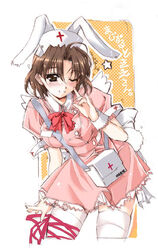  \m/ animal_ears bag blush bow brown_eyes brown_hair cosplay cuffs female hat jinan_tokie leaning_forward nakahara_komugi nakahara_komugi_(cosplay) nurse nurse_cap nurse_witch_komugi-chan one_eye_closed rabbit_ears rabbit_tail ribbon shaa short_hair skirt smile solo tail thighhighs tool_kit tsukihime white_thighhighs wings 