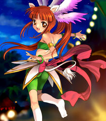  animal_ears armband armlet ass back bandeau bike_shorts blush bracelet choker dancing female flat_chest from_behind fushigiboshi_no_futago_hime head_wings jewelry kneehighs leg_lift leonne_(futagohime) long_hair looking_back mutsuki_(moonknives) night night_sky oerba_yun_fang orange_eyes orange_hair outdoors photoshop_(medium) ponytail samba sky socks solo strapless tail white_socks wings 