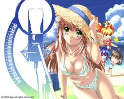  4girls artist_request beach bikini black_hair blonde_hair blue_eyes blue_hair braid breasts brown_hair chibi cleavage closed_eyes cloud daikuuji_ayu day food green_eyes grin hat hayase_mitsuki kimi_ga_nozomu_eien long_hair medium_breasts multiple_girls ocean popsicle red_sarong sarong smile straw_hat sun_hat suzumiya_haruka swimsuit tamano_mayu twin_braids twintails 