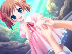  animal blue_eyes brown_hair dress dutch_angle female fish game_cg jewelry komorebi_no_namikimichi lolicon marriage_proposal nakazato_sakura pink_dress pov putting_on_jewelry ring short_hair solo_focus source_request yuuki_mitsuru 