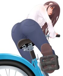  ass bicycle denim female jeans long_hair long_sleeves looking_back miito_shido original pants solo 