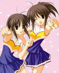  2girls :d ;d antenna_hair armpits bare_shoulders blue_skirt brown_eyes cheerleader clenched_hands cowboy_shot diagonal_stripes foreshortening futakoi grey_hair hair_between_eyes hand_on_own_hip hand_up happy high_ponytail highres ichijou_kaoruko ichijou_sumireko leaning looking_at_viewer miniskirt multiple_girls official_art one_eye_closed open_mouth outstretched_arm parted_bangs pink_background pleated_skirt ponytail sasaki_mutsumi short_hair_with_long_locks short_ponytail siblings side_slit sidelocks sisters skinny skirt smile source_request standing star_(symbol) starry_background striped striped_background tank_top thigh_gap twins 