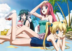  3girls :d arm_up artist_request bare_legs beach bikini blonde_hair blue_eyes cloud da_capo da_capo_i day feet food foot_up green_hair hair_ornament head_rest leg_up legs lying mizukoshi_moe multiple_girls on_stomach one-piece_swimsuit one_eye_closed outdoors palm_tree photoshop_(medium) ponytail purple_eyes red_hair sandals school_swimsuit shading_eyes shaved_ice shirakawa_kotori sidelocks sitting sky smile swimsuit toes tree twintails x_hair_ornament yoshino_sakura 