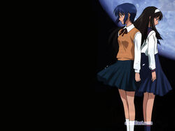  2girls arm_at_side back-to-back black_background black_eyes black_hair black_skirt blue_hair blue_sailor_collar blue_skirt blue_socks brown_ribbon ciel_(tsukihime) closed_mouth collared_shirt dark dark_blue_hair earth_(planet) feet_out_of_frame glasses hairband long_hair long_sleeves looking_afar multiple_girls neck_ribbon orange_sweater_vest outdoors ozawa_iku planet pleated_skirt red_stripes ribbon round_eyewear sailor_collar school_uniform shirt shirt_tucked_in skirt sleeve_cuffs socks space striped sweater_vest tohno_akiha tsukihime web_address white_hairband white_shirt white_socks 