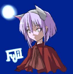  animal_ears artemis_(tsukuyomi) artist_request ascot blue_background brown_ascot capelet cat_ears closed_mouth cropped_torso expressionless female full_moon moon pink_eyes purple_hair red_capelet short_hair solo tsukuyomi_moonphase 