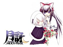  2girls animal_ears artemis_(tsukuyomi) artist_request blunt_bangs blush capelet cat_ears crescent finger_to_mouth flower gothic_lolita hat hazuki_(tsukuyomi) holding_hands interlocked_fingers lolita_fashion long_hair multiple_girls red_eyes rose rose_bush short_hair simple_background sketch tsukuyomi_moonphase very_long_hair white_hair 